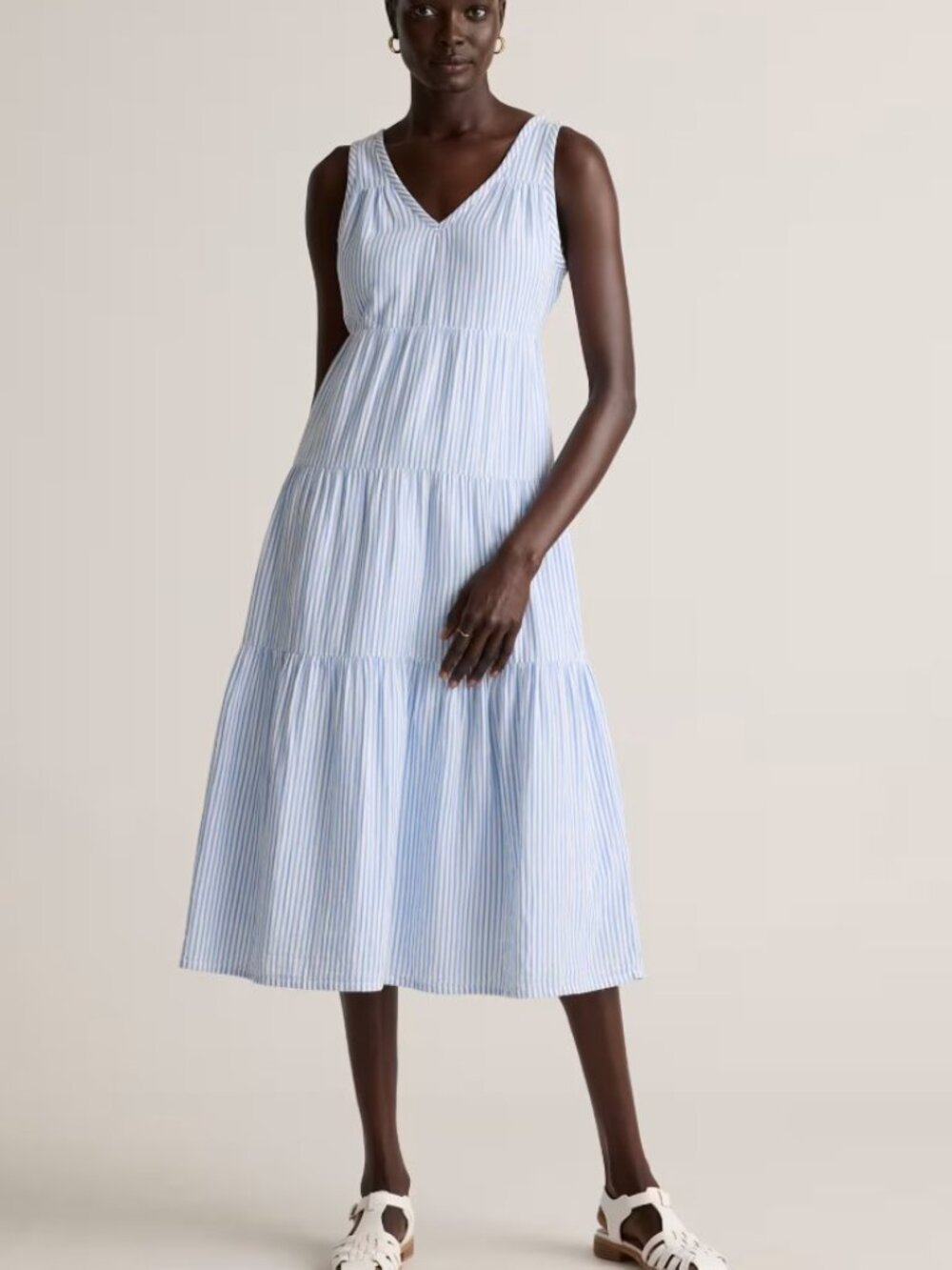 Quince 100% Organic Cotton Gauze Tiered Midi Dress Bayside Stripe Blue White XS